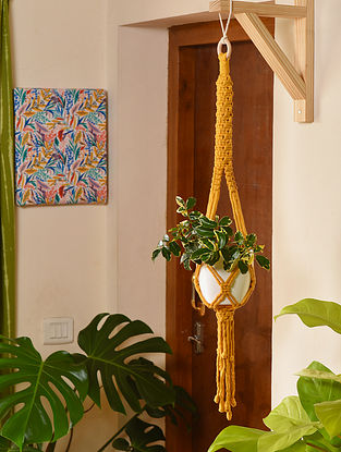 Yellow and White Macrame Boho Plant Hanger (L-35in, W-10in)
