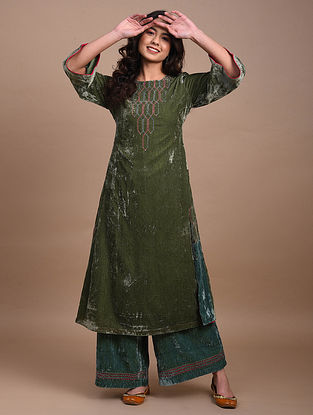 Aida' Green Embroidered Silk Velvet Choga with Cotton Lining