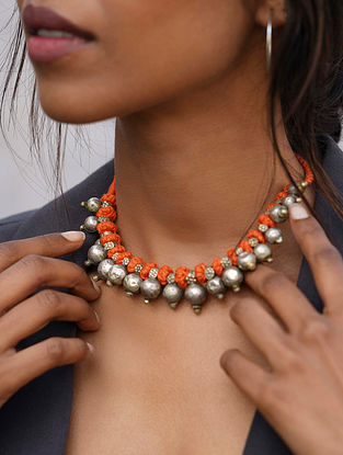 Orange Silver Tone Handcrafted Choker Necklace