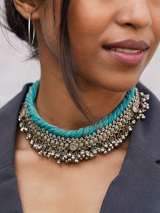 Blue Siilver Tone Handcrafted Choker Necklace