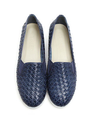 Blue Handwoven Genuine Leather Loafers