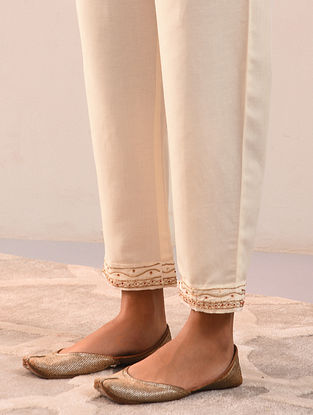 White Hand Embroidered Viscose Linen Pants