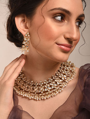 Gold Tone Silver Necklace Set with Pearls