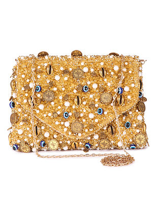 Gold Handcrafted Beaded Raw Silk Clutch