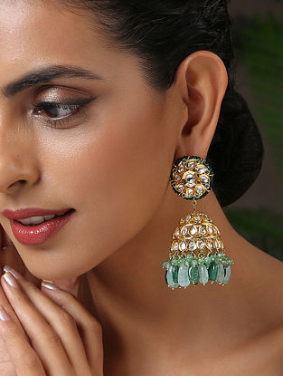 Green Gold Tone Kundan Jhumki Earrings