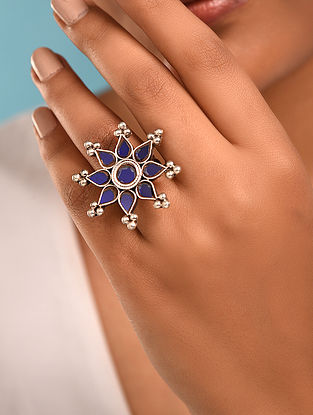 Blue Glass Tribal Silver Adjustable Ring