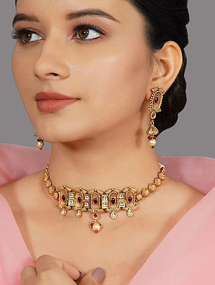 Red Gold Tone Temple Choker Necklace Set