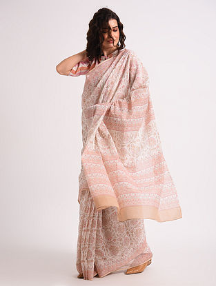 Pink Cotton  Handblock Printed Saree 