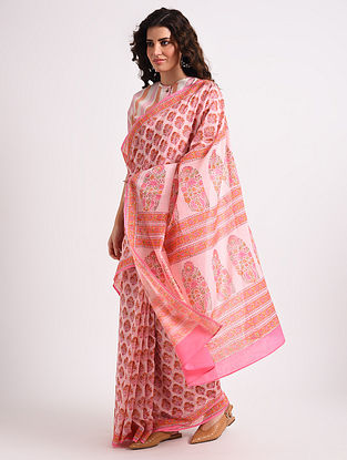 Pink Cotton Handblock Printed Saree 