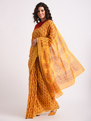 Yellow Cotton Handblock Printed Saree 