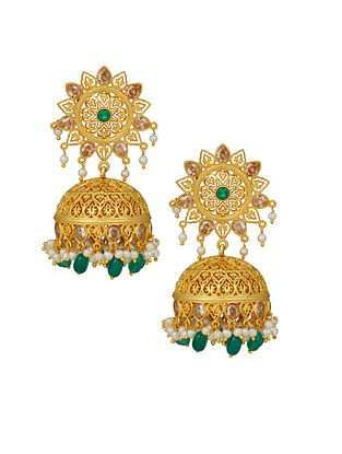 Green Gold Plated Handcrafted Jhumki Earrings