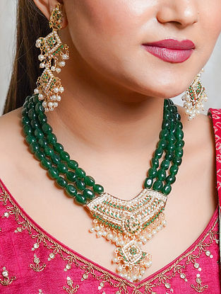 Green Gold Tone Jadau Kundan Necklace Set with Pearls