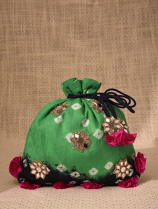 Green Blue Handcrafted Cotton Potli With Mirror Work