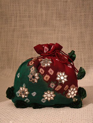 Red Green Handcrafted Cotton Potli With Mirror Work