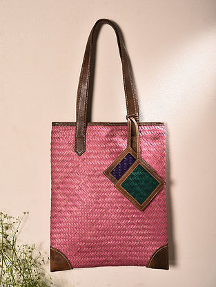 Pink Handcrafted Sitalpati Leather Tote Bag