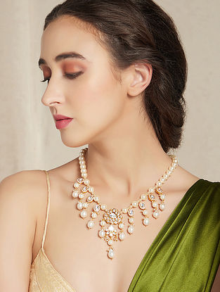 White Gold Tone Pearl Beaded Kundan Necklace