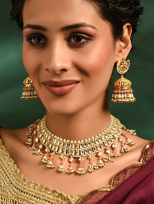 Pink Gold Plated Kundan Necklace Set with Pearls