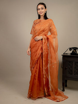 Orange Embroided Saree with Chanderi Blouse (Set of 3)