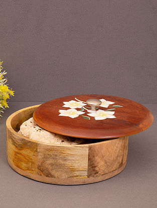 Brown Floral Wooden Roti Box (Dia-9.5in, H-4.5in)