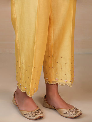 Yellow Embroidered Silk Chanderi Palazzos with Scallops