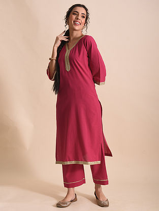 Mahreen Izna Pink Mangalgiri Cotton Kurta with Pants in Zari Lace work (set of 2)