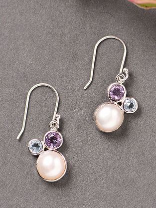 Purple, Sterling Silver Dangler Earrings with Cultured Freshwater Pearl, Topaz And Amethyst