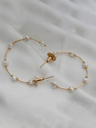 Gold Tone Handcrafted Hoop Earrings with Pearls