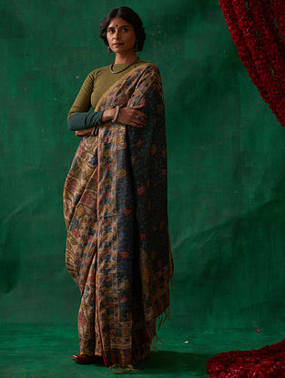 Multicolour Hand Painted Kalamkari Tussar Silk Saree