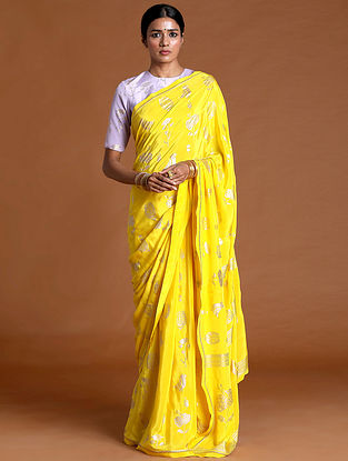Yellow Foil Printed Crepe Saree With Blouse Fabric