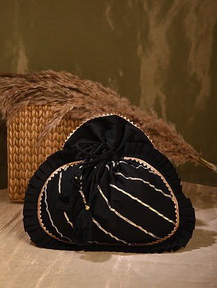 Black Handcrafted Cotton Silk Potli With Gota Work