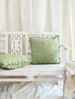 Olive Green Cotton Hand Embroidered Cushion Cover (L-16in, W-16in)