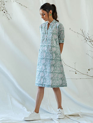 Green Hand Block Printed Mul Cotton Dress