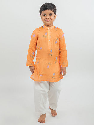Orange Hand Embroidered Cotton Kurta and Pyjama (Set of 2)