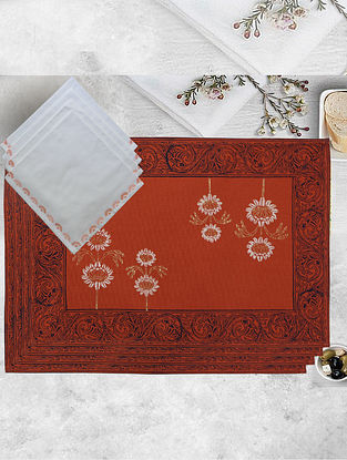 Burnt Orange Hand Block Printed Cotton Placemats And Table Napkin (Set Of 8) 