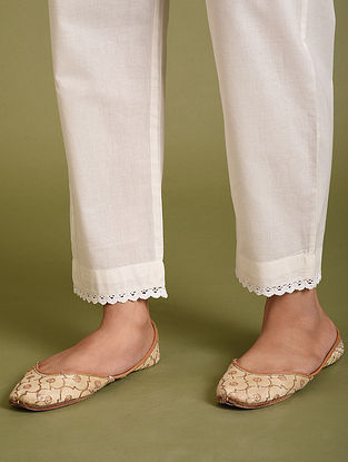 White Cotton Pants with Lace Detailing