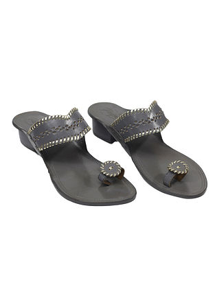 Grey Handcrafted Leather Kolhapuri Block Heels