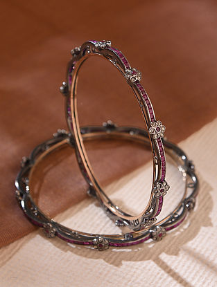 Silver Polki Bangles With Diamond And Ruby (Size: 2/7)