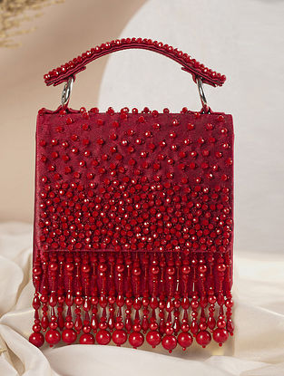 Red Handcrafted Beaded Satin Clutch