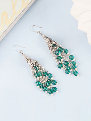 Green Tribal Silver Earrings With Pearls 