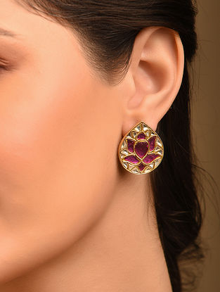 Pink Gold Tone Silver Kundan Earrings