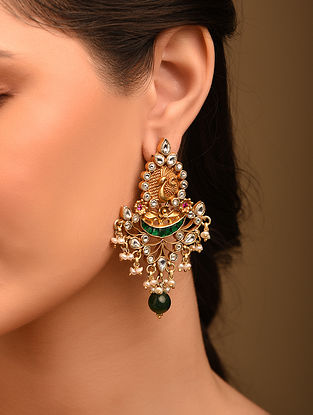 Green Gold Tone Silver Kundan Earrings With Pearls