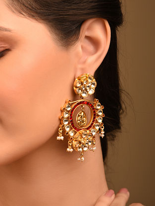 Red Gold Tone Silver Kundan Earrings With Pearls