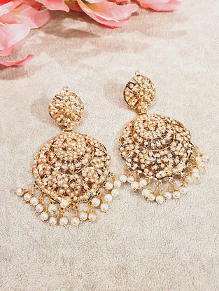 White Gold Tone Jadau Chandbali Earrings with Pearls