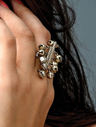 Silver Tone Tribal Adjustable Ring with Ghungroo
