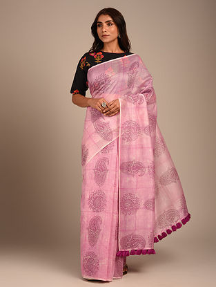 Pink Block Printed Chanderi Saree