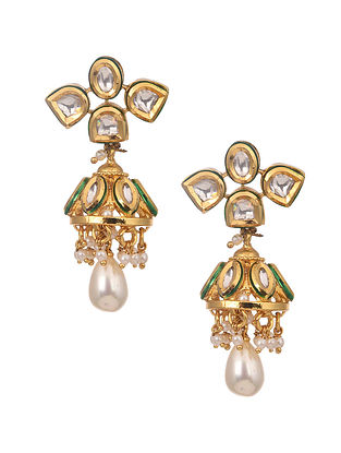 White Gold Tone Kundan Earrings with Pearls