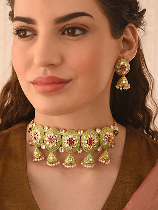 Green Pink Gold Tone Kundan Meenakari Necklace Set