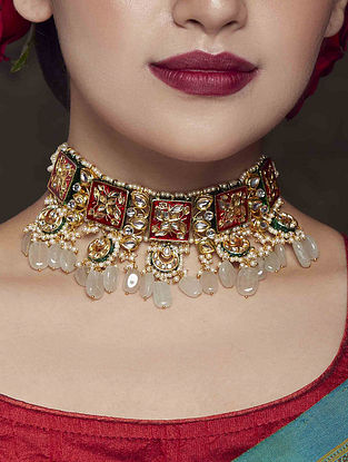 Red Green Gold Tone Kundan Choker Necklace with Jade and Pearls
