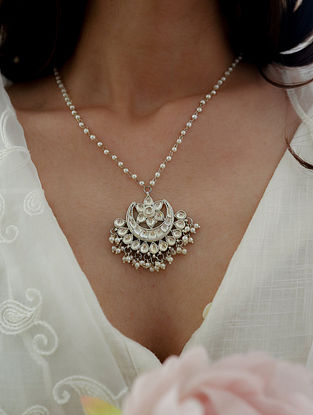Silver Tone Handcrafted Necklace with Pearls