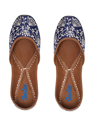 Navy Blue Hand Embroidered Silk Leather Juttis